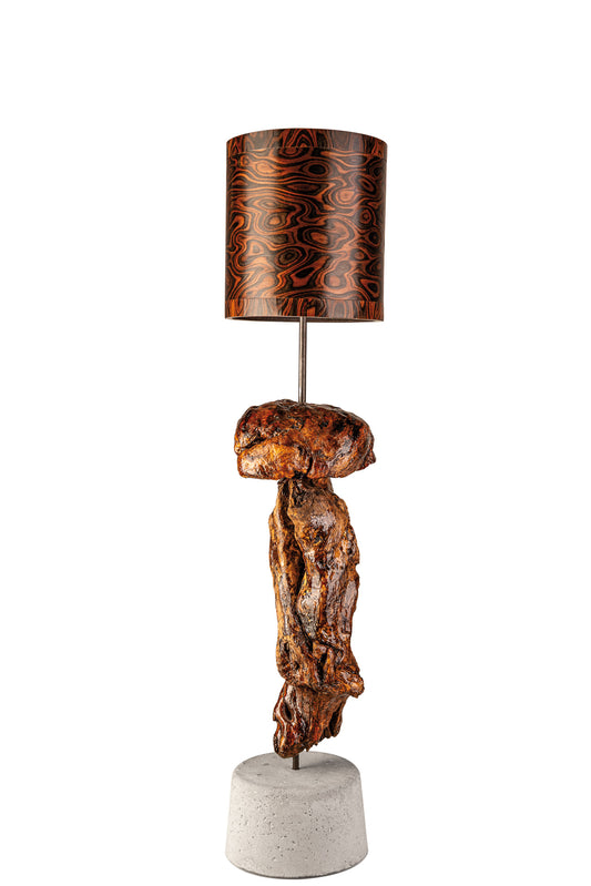 Driftwood Light Sculpture LO01 – Treibholz Lampe mit Echtholz Furnier & Beton-Sockel, Vorderansicht Tag.