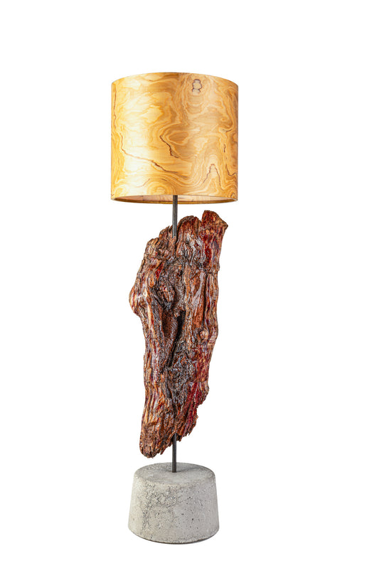 Driftwood Light Sculpture LO16 – Treibholz Lampe mit Echtholz Furnier & Beton-Sockel, Rückansicht Tag.