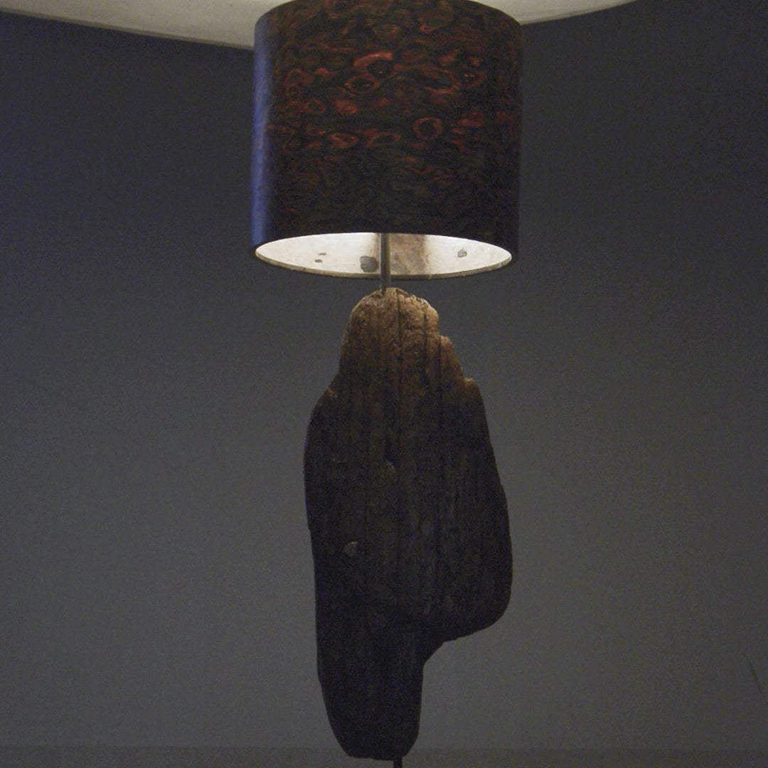 Driftwood Light Sculpture LO12 – Treibholz Lampe mit Echtholz Furnier & Beton-Sockel, beleuchtet im dunklen Raum mit Lichtreflexionen.