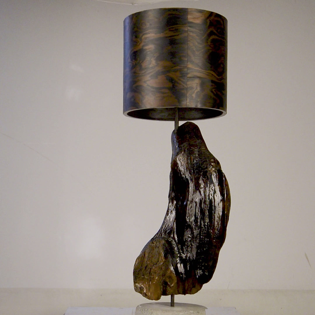 Driftwood Light Sculpture LOxx – Treibholz Lampe mit Echtholz Furnier & Beton-Sockel, zeigt Struktur & Oberfläche bei Tageslicht.