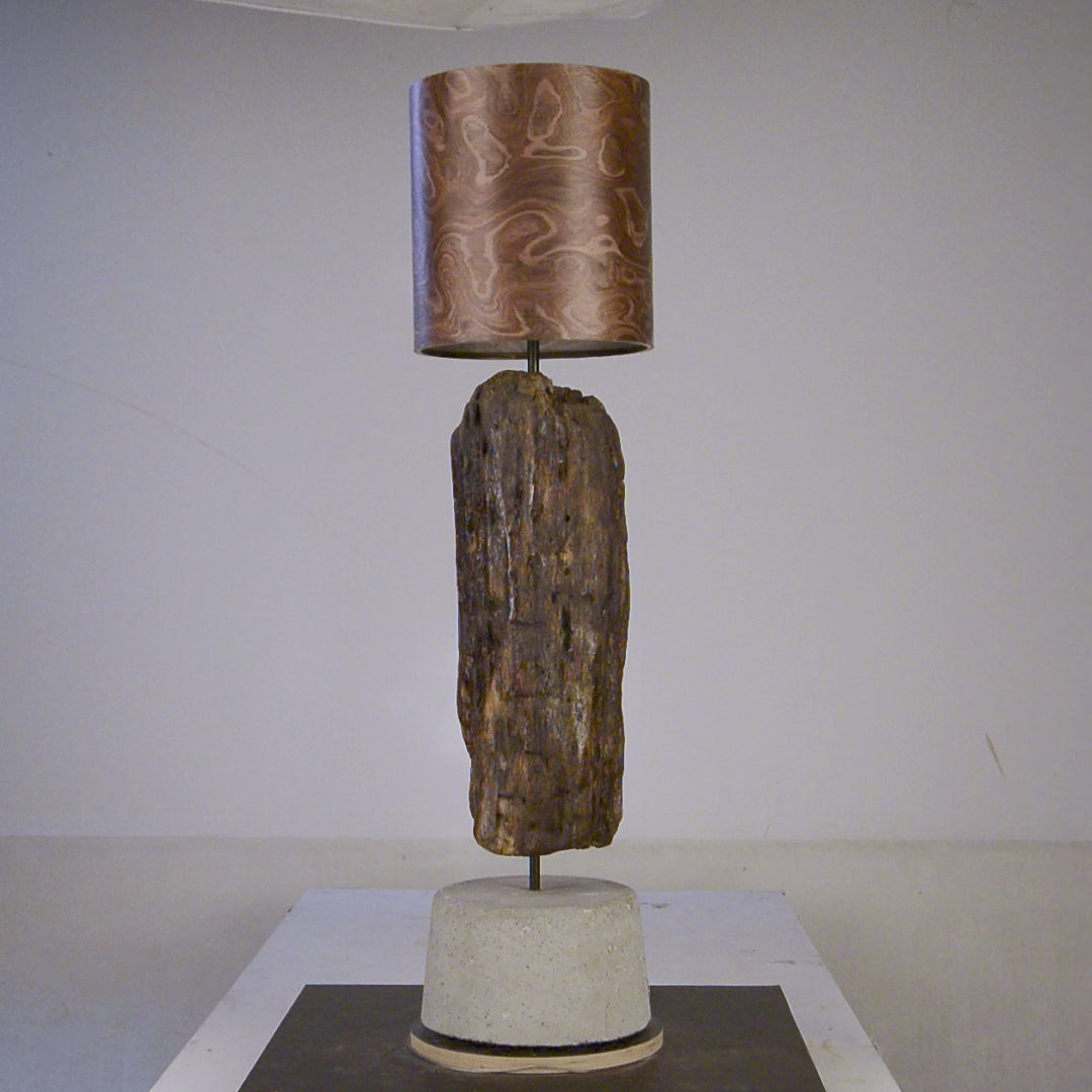 Driftwood Light Sculpture LO07 – Treibholz Lampe mit Echtholz Furnier & Beton-Sockel, zeigt Struktur & Oberfläche bei Tageslicht.