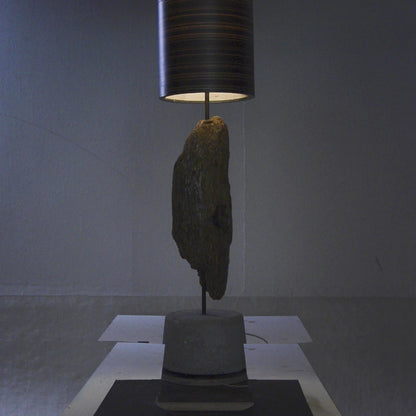 Driftwood Light Sculpture LO03 – Treibholz Lampe mit Echtholz Furnier & Beton-Sockel, beleuchtet im dunklen Raum mit Lichtreflexionen.