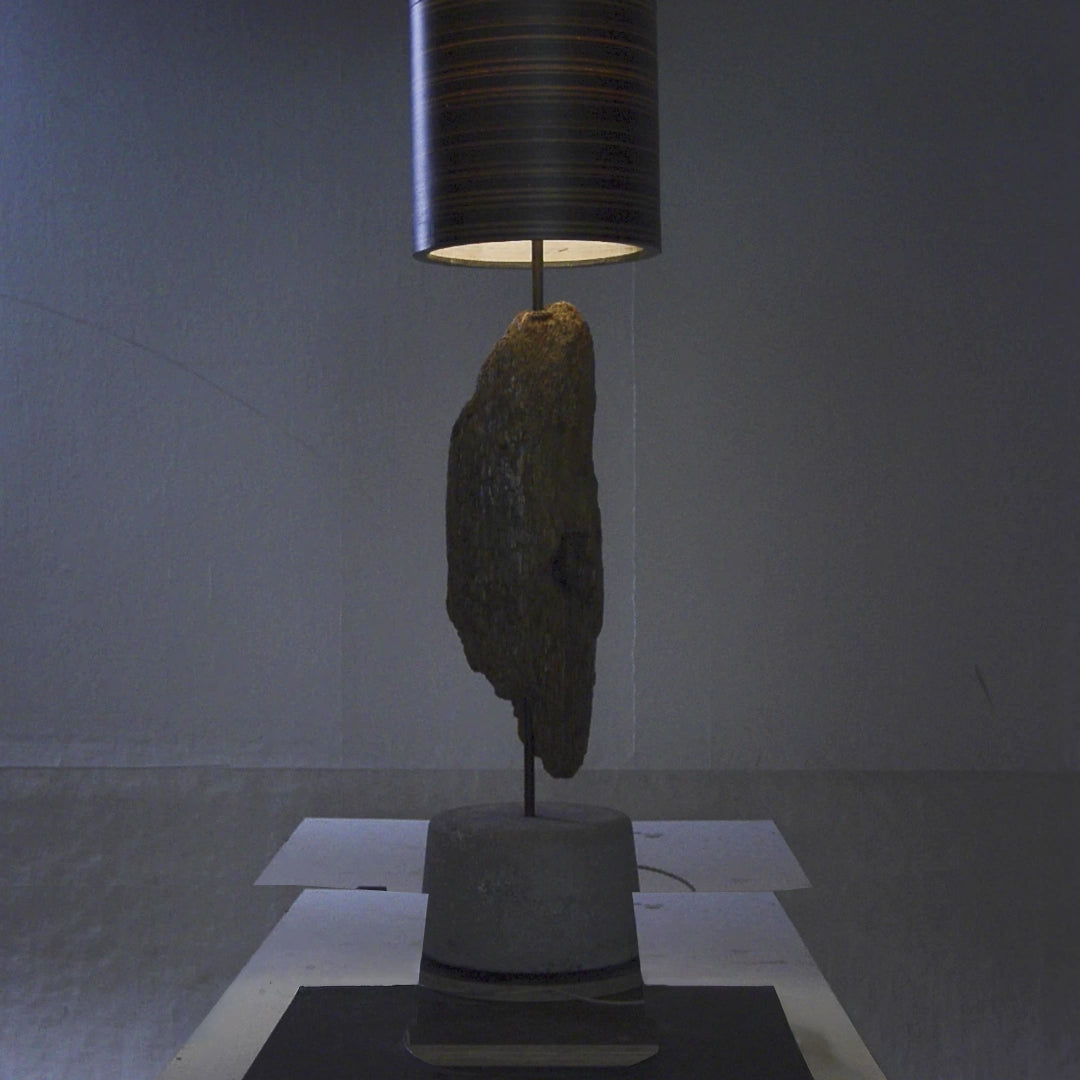 Driftwood Light Sculpture LO03 – Treibholz Lampe mit Echtholz Furnier & Beton-Sockel, beleuchtet im dunklen Raum mit Lichtreflexionen.