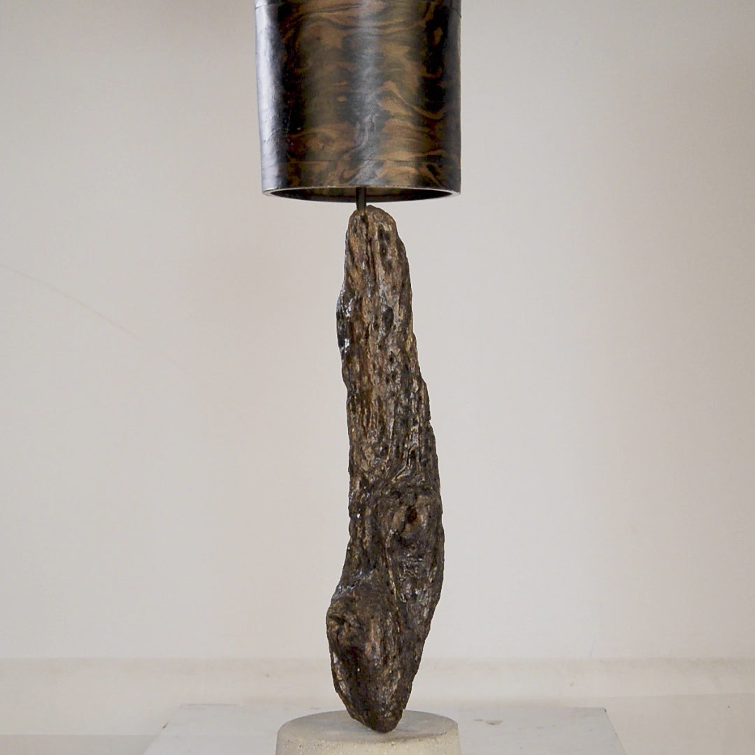 Driftwood Light Sculpture LO01 – Treibholz Lampe mit Echtholz Furnier & Beton-Sockel, zeigt Struktur & Oberfläche bei Tageslicht.