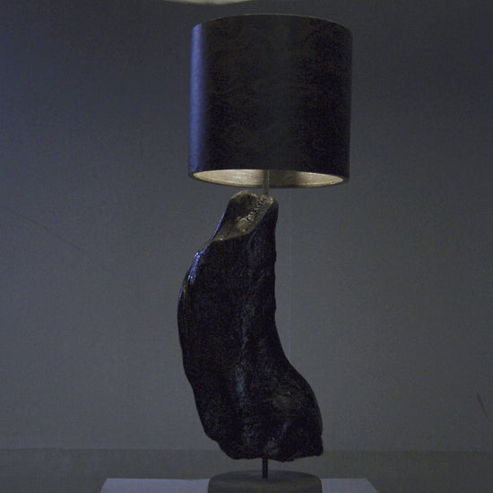 Driftwood Light Sculpture LO13 – Treibholz Lampe mit Echtholz Furnier & Beton-Sockel, beleuchtet im dunklen Raum mit Lichtreflexionen.