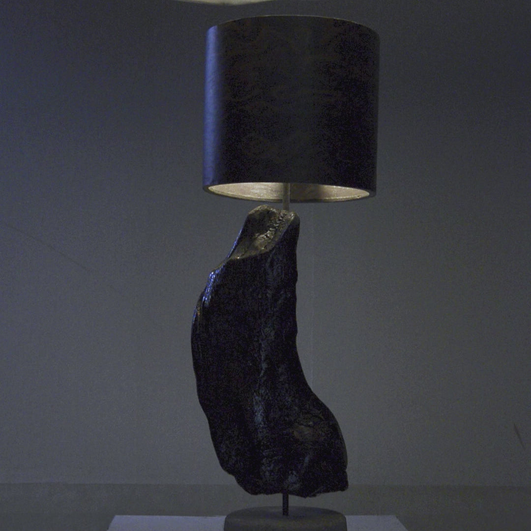 Driftwood Light Sculpture LO13 – Treibholz Lampe mit Echtholz Furnier & Beton-Sockel, beleuchtet im dunklen Raum mit Lichtreflexionen.