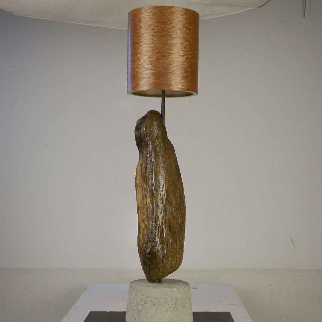 Driftwood Light Sculpture LO04 – Treibholz Lampe mit Echtholz Furnier & Beton-Sockel, zeigt Struktur & Oberfläche bei Tageslicht.